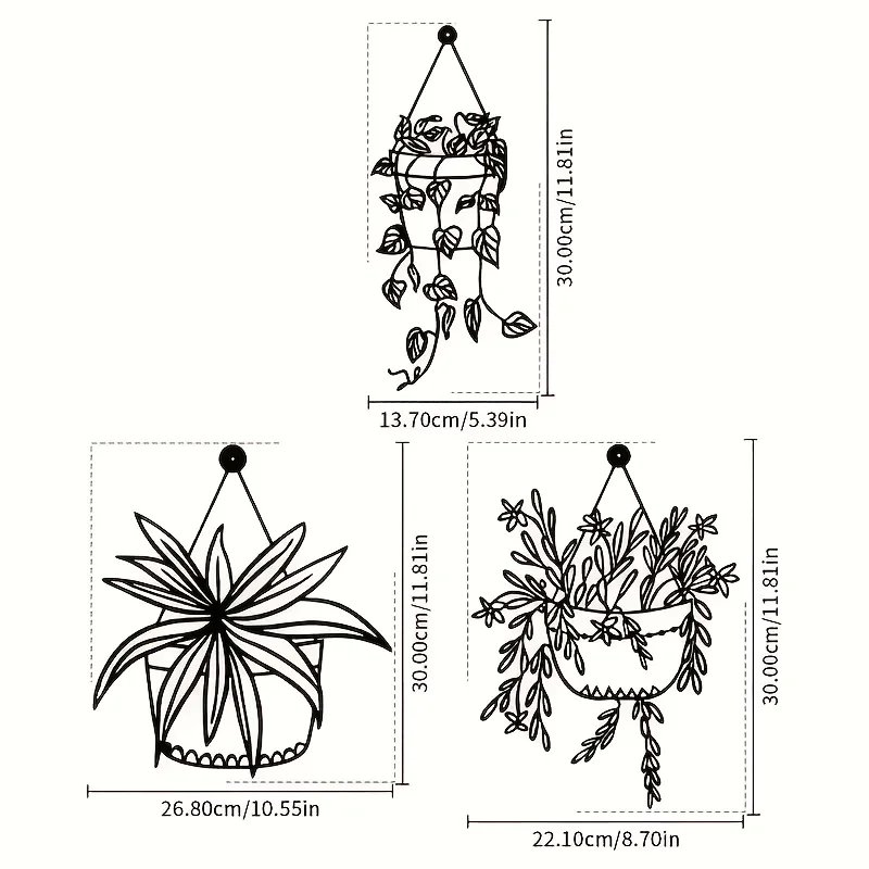 [2D Flach] 3-tlg. Black Metal Hanging Plant Wall Art, Minimalist Plant Silhouette Decor, Weatherproof Indoor/Outdoor Ornament