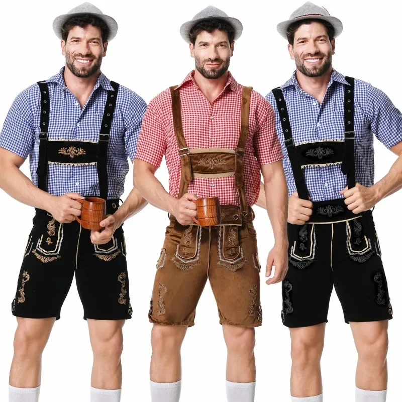 

Male German Oktoberfest Lederhosen Cosplay Costume Short Sleeve Suspenders Rompers Shirt Hat Bavarian Beer Festival Men Outfits