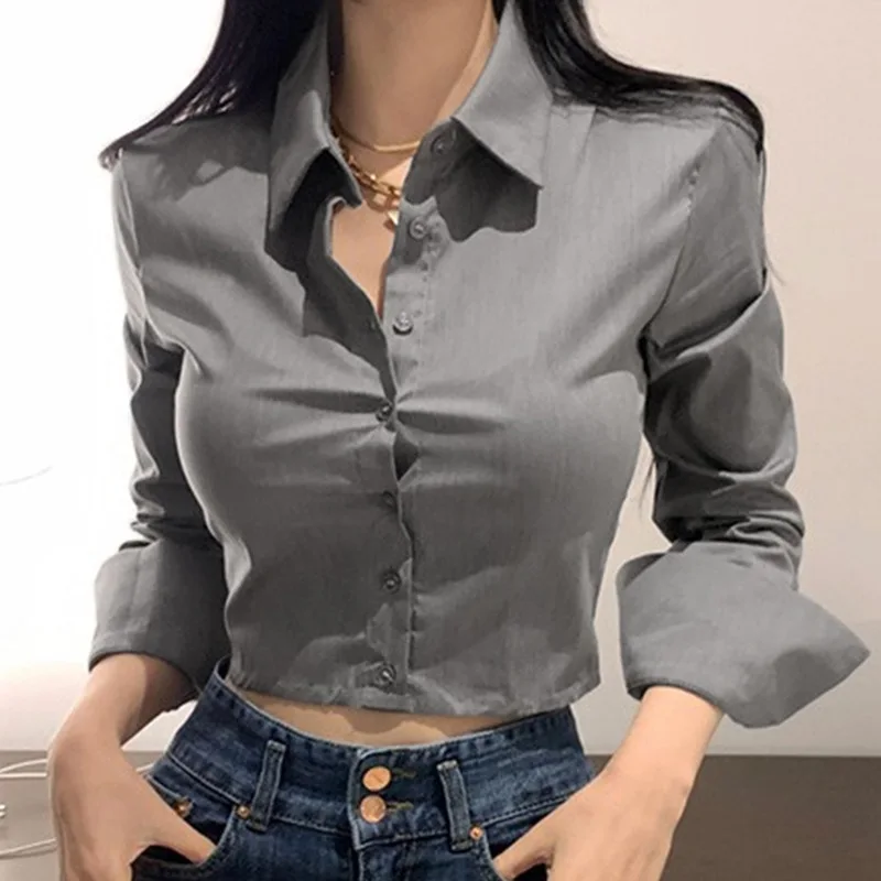 2022 Spring Summer Casual Blouse Women Top And Blouse Women Shirt Long Sleeve Button Black Solid Turn-down Collar Shirt 5 Colors