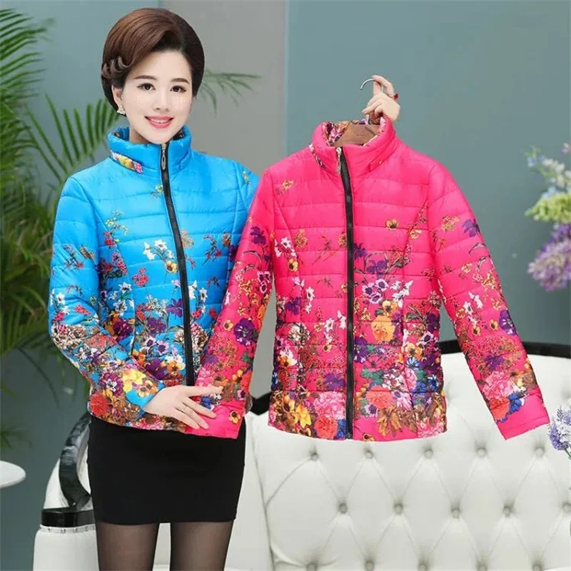 

Middle-Aged Elderly Women's Cotton-Padded Clothes Autumn Winter Coats Fashion Printed Thin Down Cotton Jackets Pikes Tops