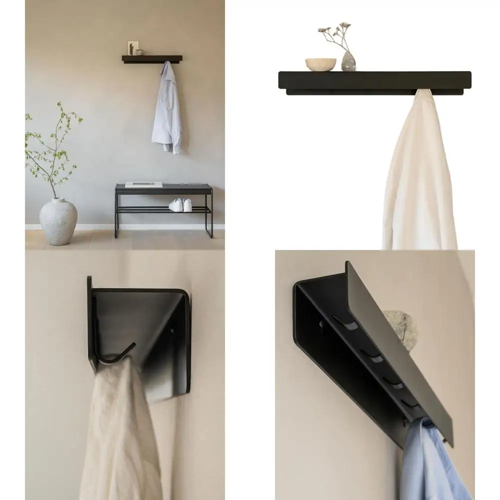 

Modern Metal Wall-Mounted Coat Rack with Concealed Hooks and Shelf | Heavy-Duty Entryway Hanger | Black