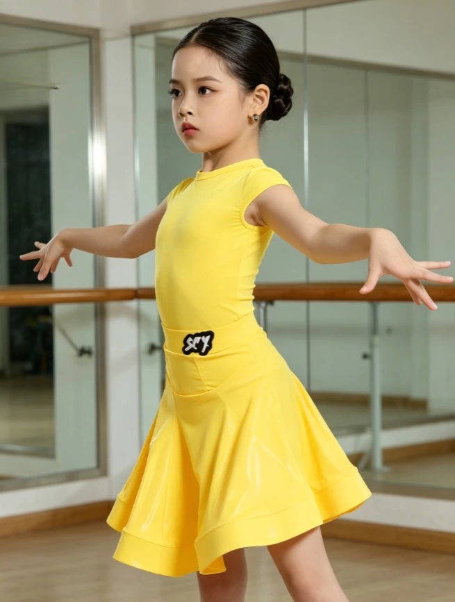 Girls Short Sleeve Latin Competition Dress Multiple Colors Summer Silky Shiny  For Kids Professional Competition Suit Stage Wear