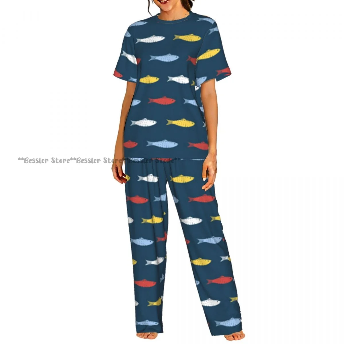 

Women's Pajamas Set Fish Cartoon Illustration Short Sleeve Sleepwear 2 Piece Homewear Loungewear