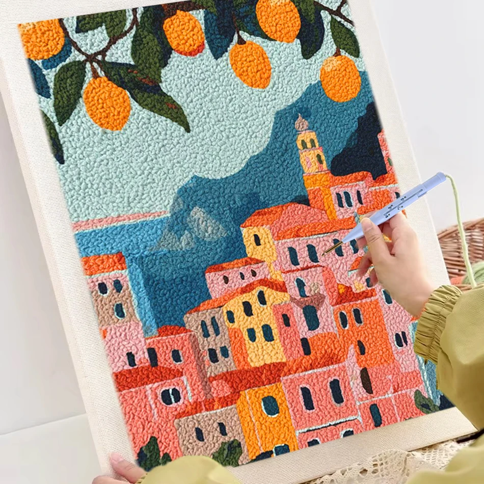 

Lemon Town Punch Needle Starter Kit DIY Village Art and crafts with Frame Sewing Set Embroidery Needle Kit for adults children