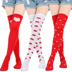 Women Over The Knee Thigh High Stocking Red Lip Heart Pattern Printed High Tube Long Socks Dropshipping