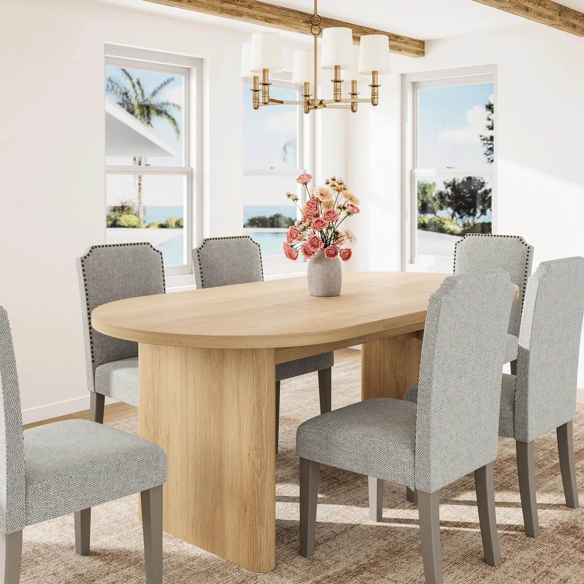Set Of 2 Grey Upholstered Dining Chairs, Solid Wood Legs, Padded High Back Fabric Side Chairs With Nailhead Trim For Kitchen