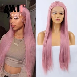 WIF Ash Pink Straight Synthetic Wig Silk Long Straight Lace Front Wigs for Women Heat Fiber Light Pink Wig Cosplay Daily Use