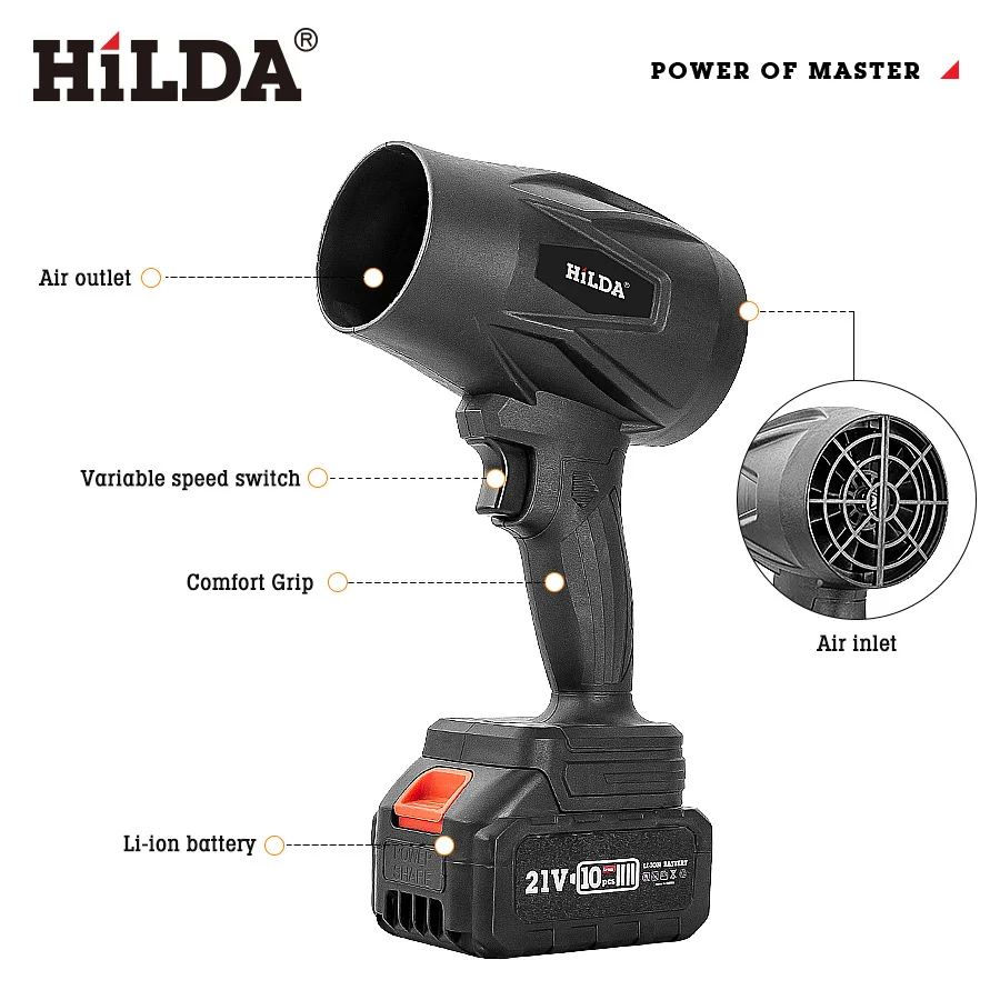 HILDA 21V Electric Turbo Blower Handheld Air Blower Powerful Tool To Cleaning Fallen Leaves Snow and Sand for Makita Battery Pin