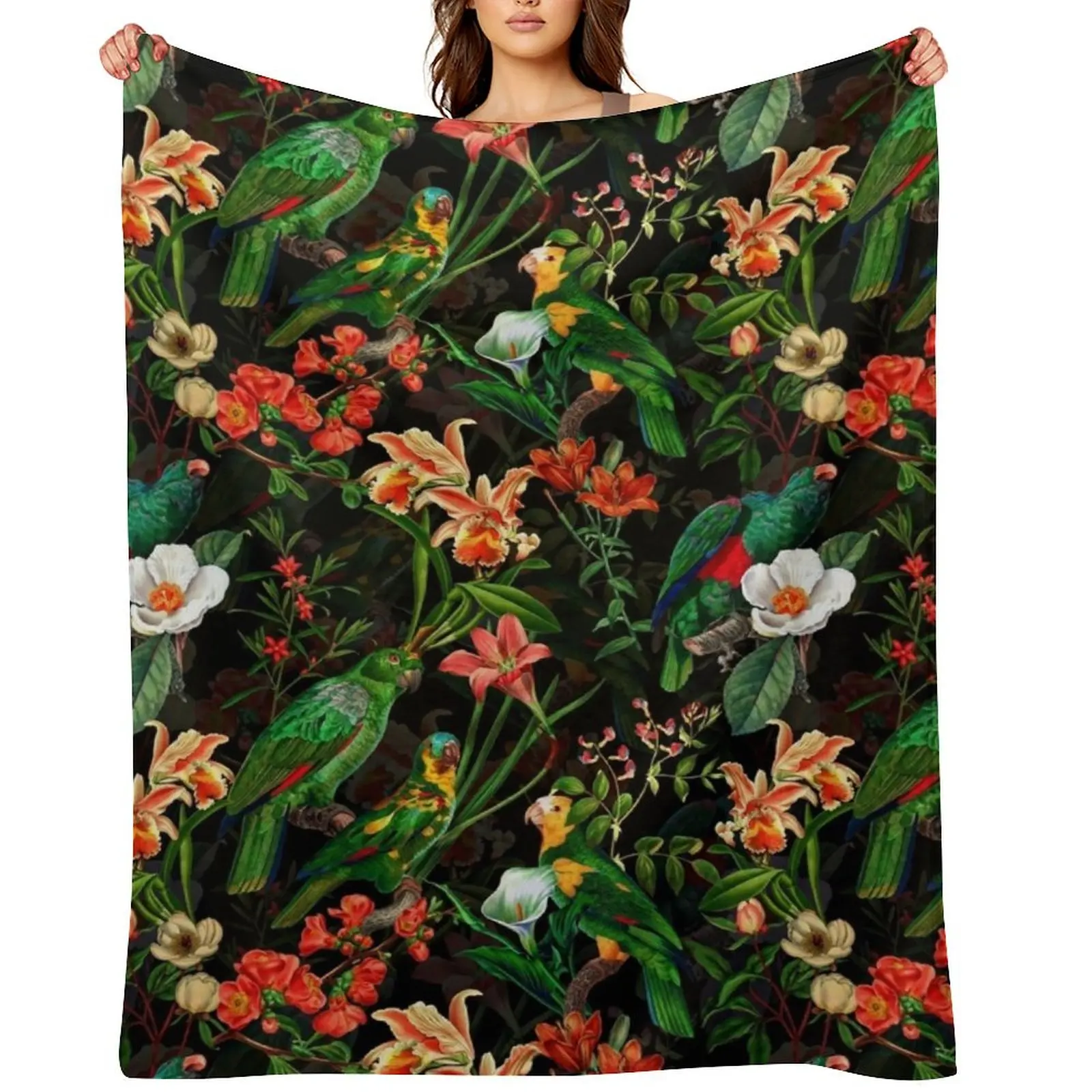 

Pierre Joseph Redoute tropical vintage jungle flowers and parrots nostalgic mystic Botanical Night Garden pattern Throw Blanket