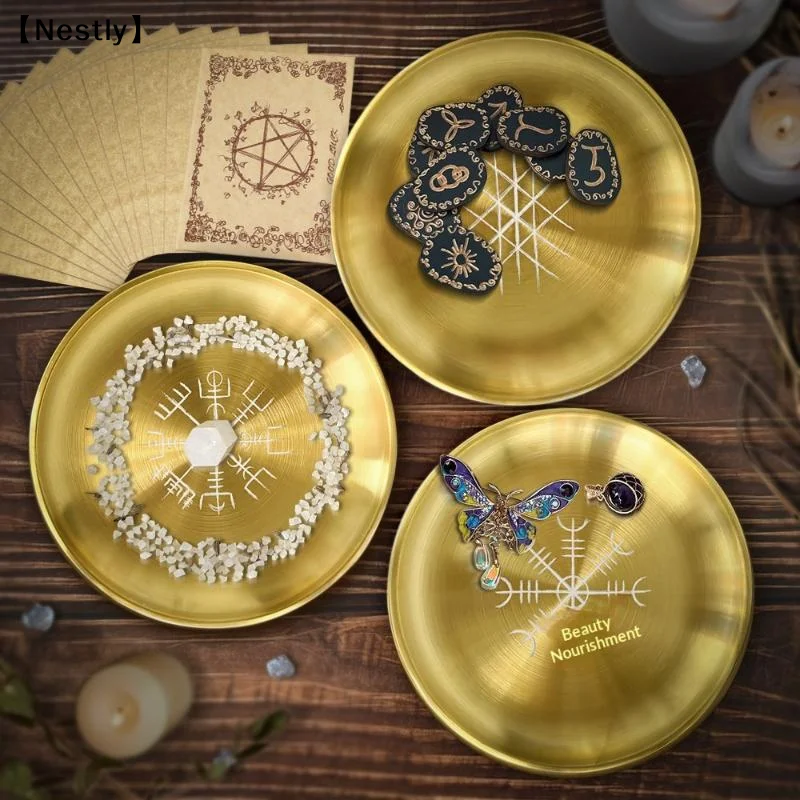 14cm Stainless Steel Plate Candlestick Ceremonial Ornament Engraving Plate Nordic Compass Crystal Storage Round Plate〔Nest〕