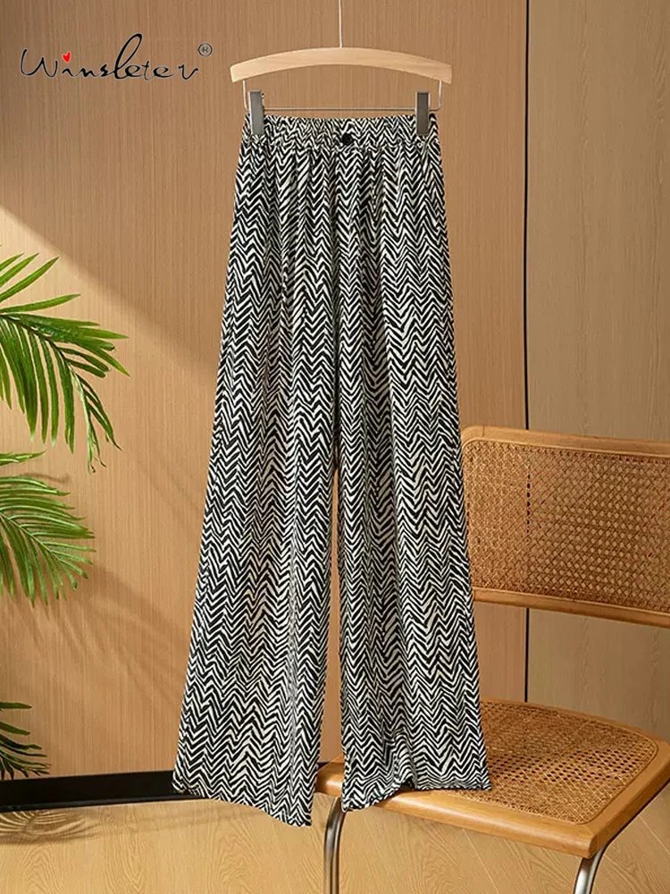 

Winsleter, 100%Real Silk Elegant Pants, Woman Elastic Waisted Striped, Casual Loose Straight Pants, 2024 Summer Fall B47426QC