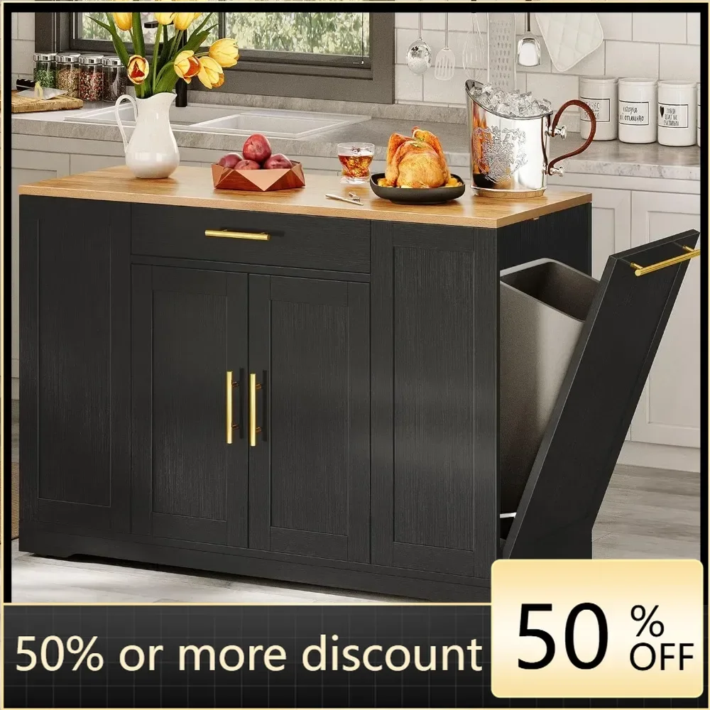 Large rolling kitchen island with garbage bin storage cabinet, portable mobile island long floating movable w wheel cabinet