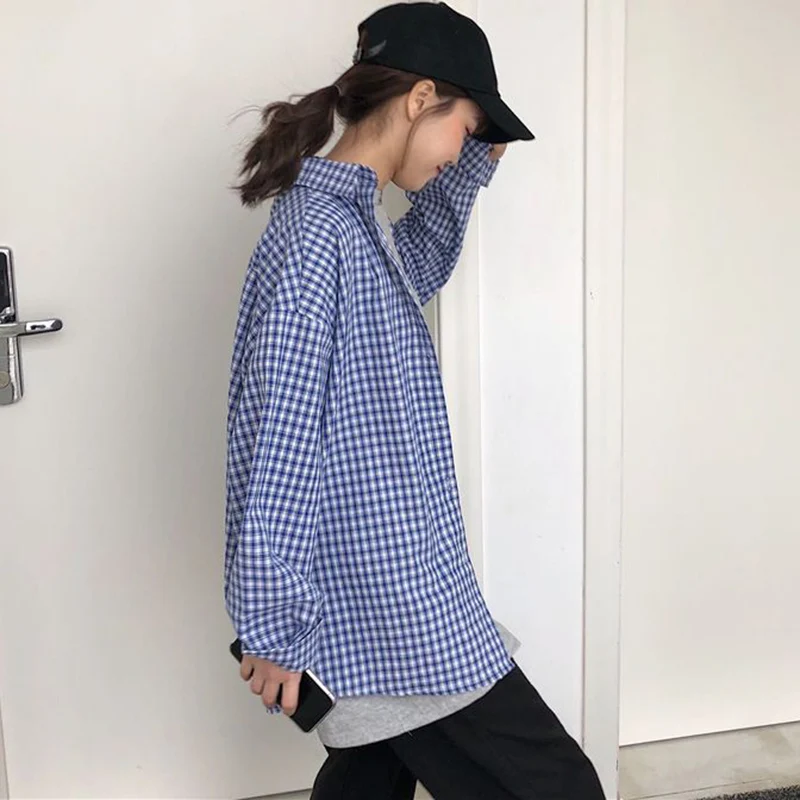 Rimocy Japanese Style Women\'s Plaid Shirt Long Sleeve Lapel Button-Up Loose Blouse Woman Harajuku Streetwear Oversize Shirts