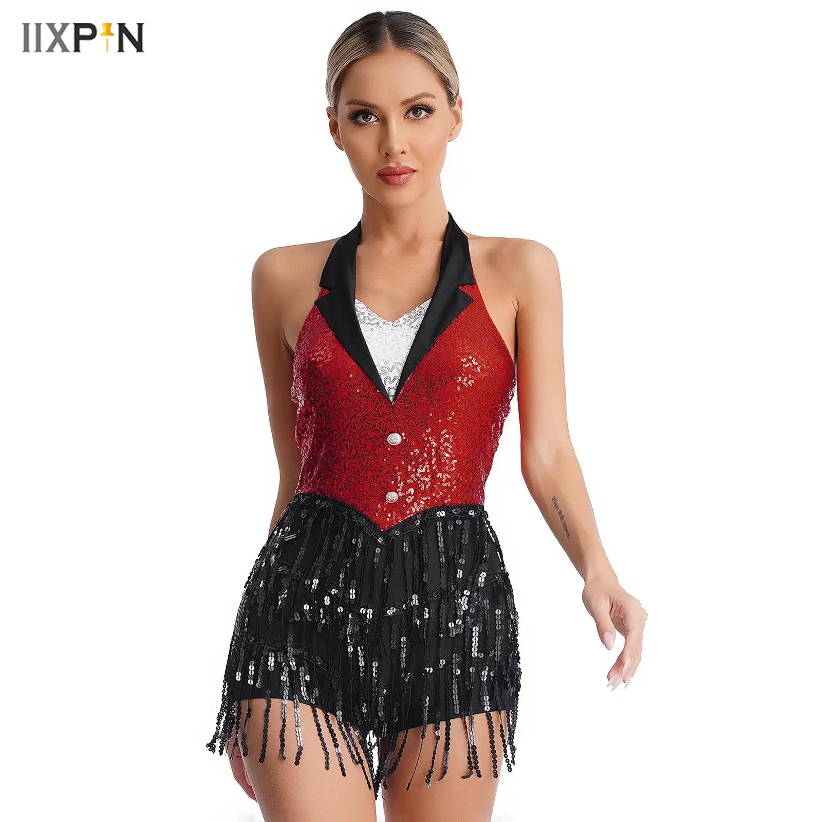 

2025 Womens Latin Dance Costume Sequins Fringe Jumpsuit Halter Sleeveless Tassel Leotard Jazz Dancewear Rumba Samba Dance Dress