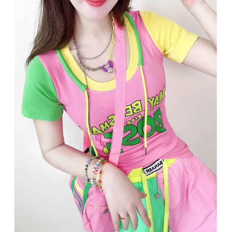 

Новая брендовая летняя одежда, тонкая и модная универсальная футболка с короткими рукавами и цветными блоками