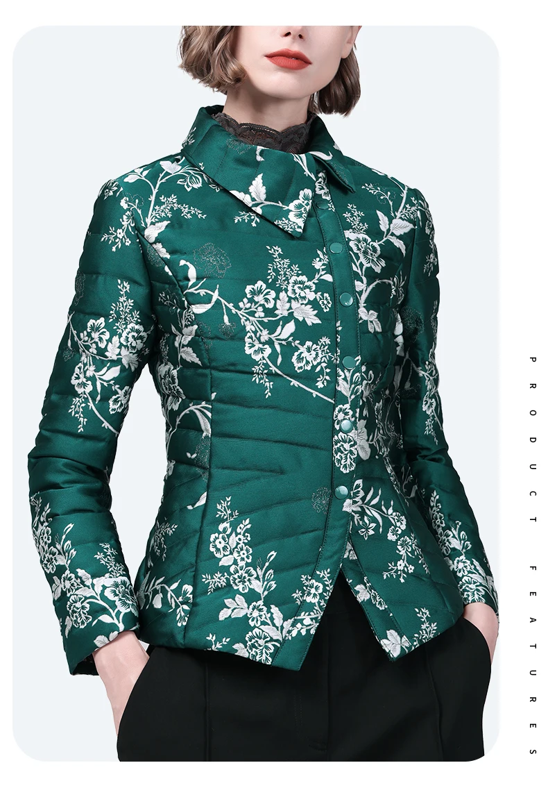 Vintage Chinese Style Women\' Winter Green Embroidered Down Jacket Warm Lightweight Puffer Coat Slimming White Duck Down Jackets