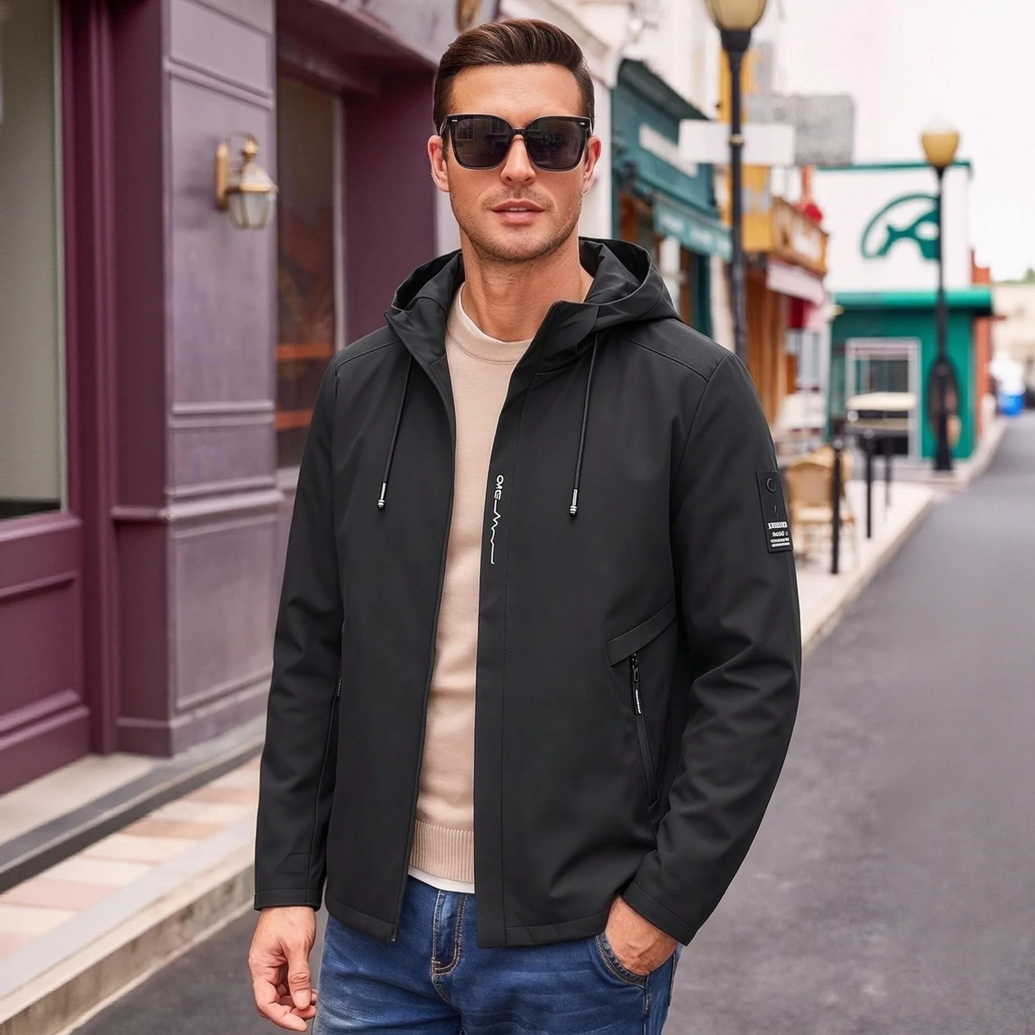 Men’s Hooded Windproof Jacket Light Water‑Resistant Outerwear Letter Print Zipper Pocket Casual Loose Coat Male Daily Outfit