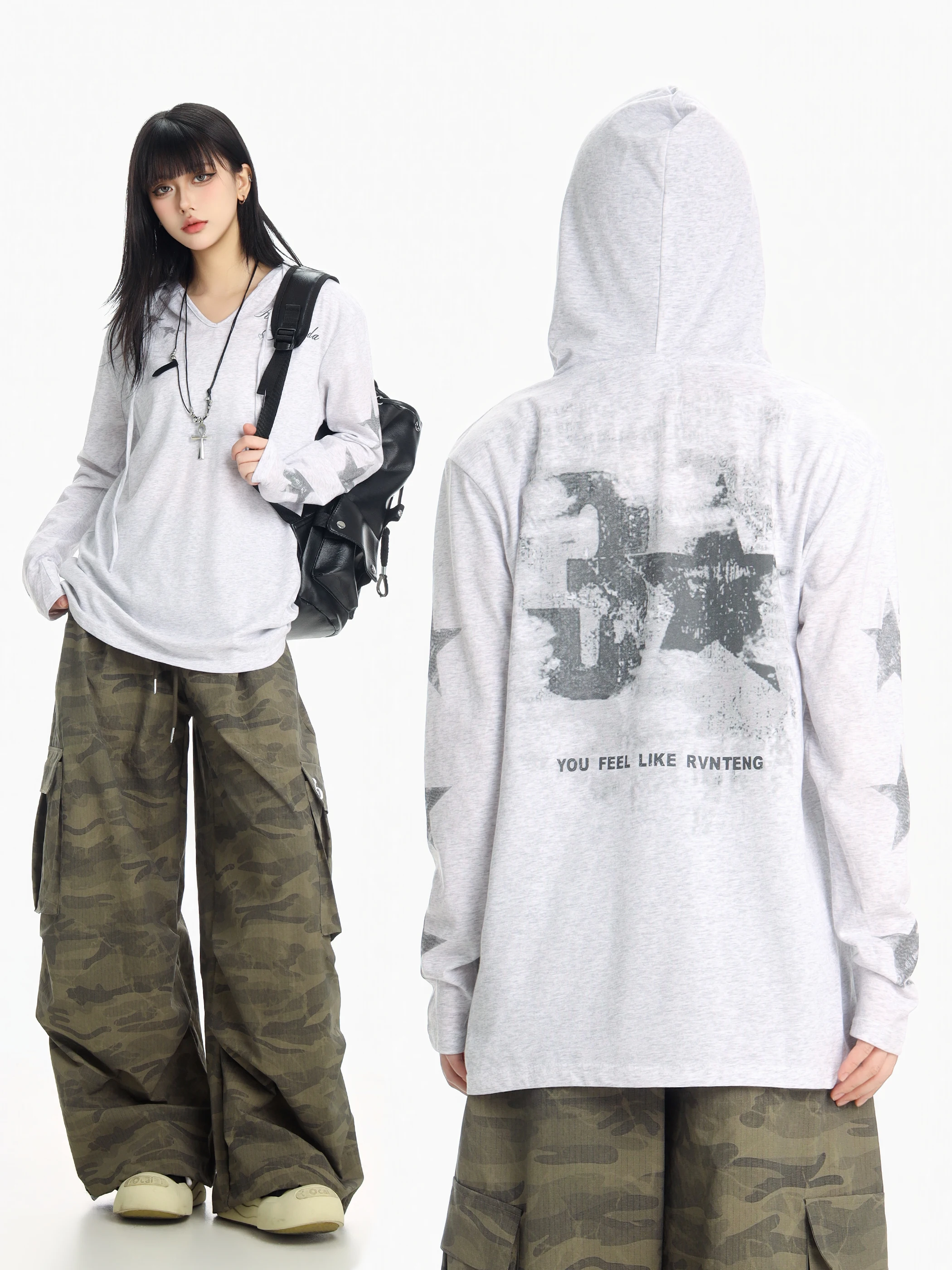 

Свободная женская футболка с длинным рукавом и V-образным вырезом, с принтом в американском ретро-стиле, весенняя модная повседневная хлопковая футболка