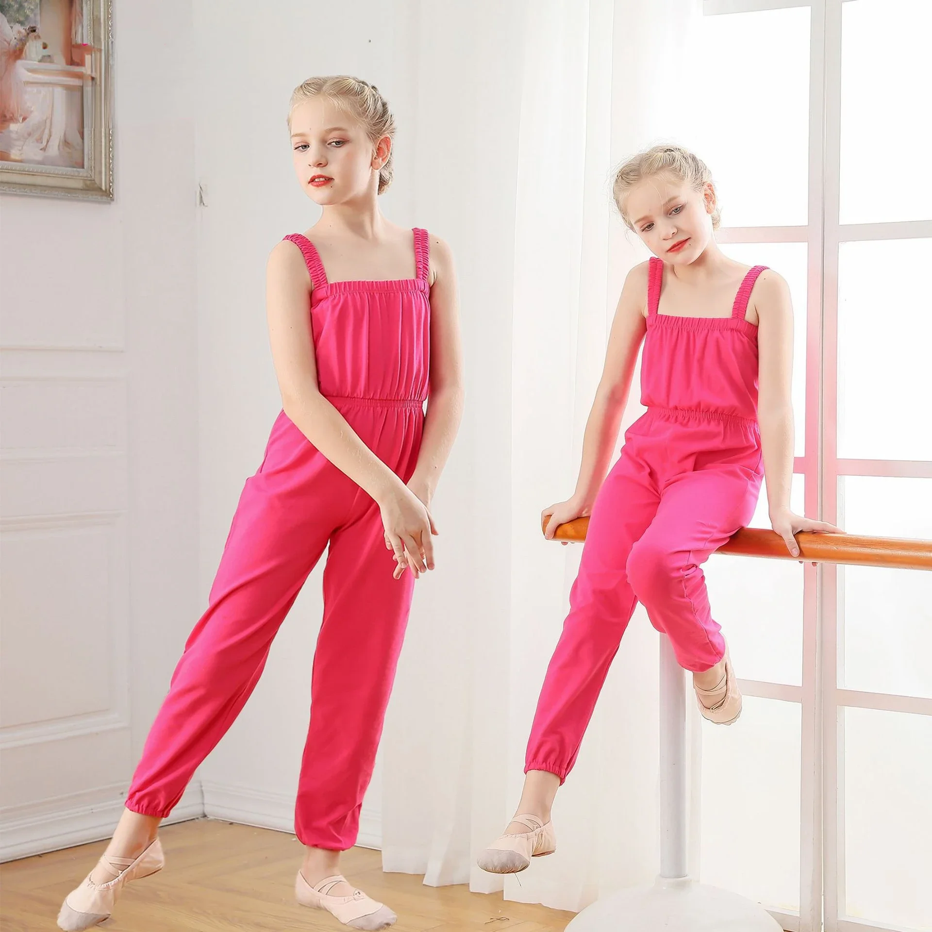 Children Dance Overalls Suspenders jumpsuit Women Gymnastics Cotton Sport Pants for Girls Test Grade Dance Practice Clothing