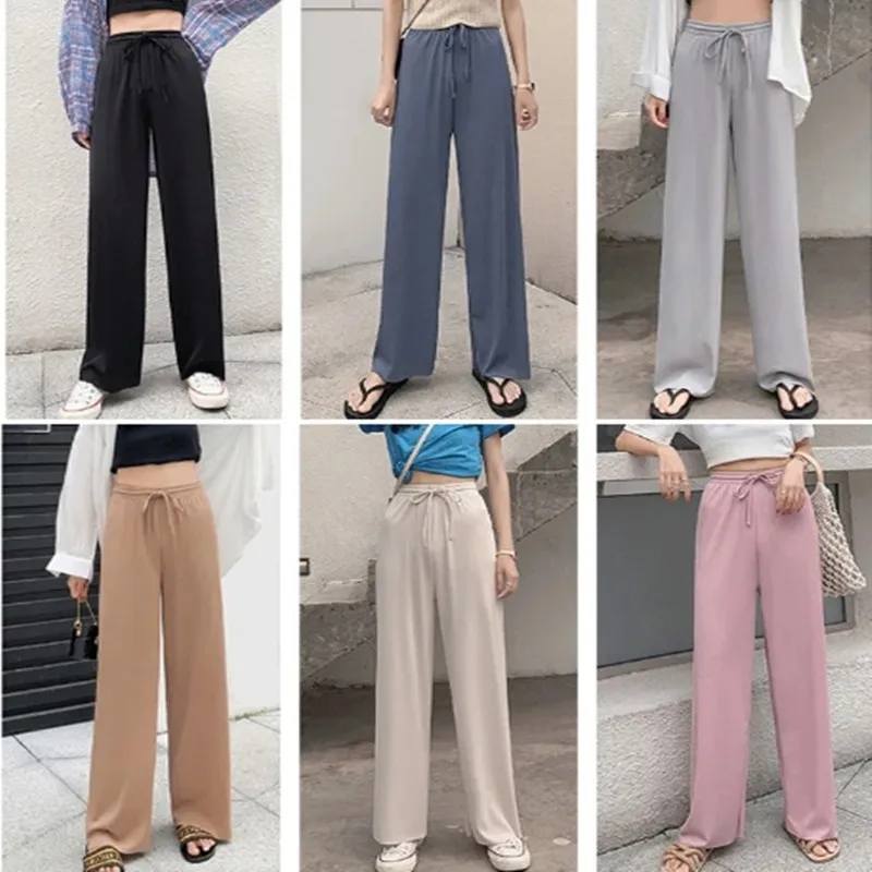 Women Long Pants Causal Elastic Waist Loose Basic Long Trousers For Female Spring Summer Wide Leg Long Pants