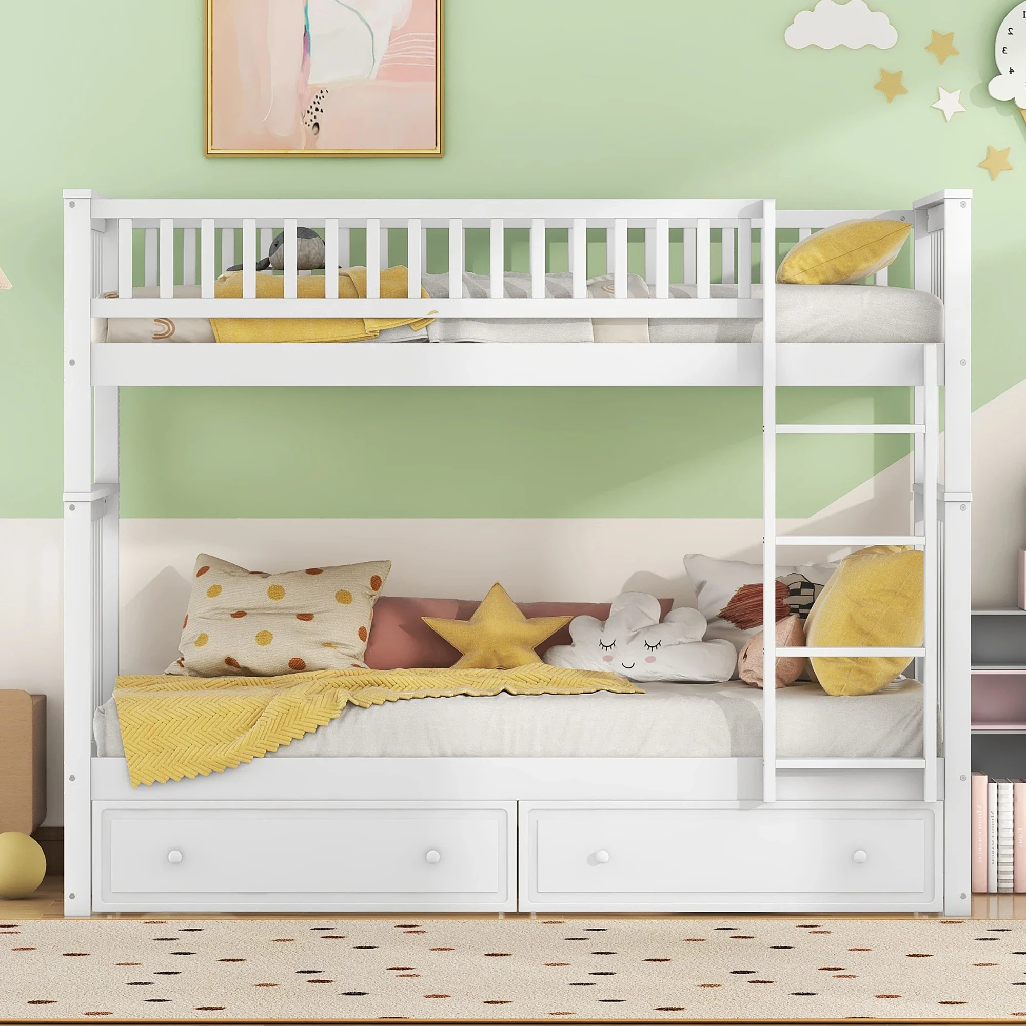 VSOGA 90x200cm Bunk Beds, Children's Functional Convertible Beds with Drawers, White