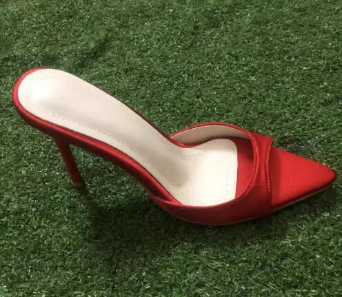 حار الوردي البرتقالي الأحمر البيج الحرير خط واحد أشار المفتوحة تو رقيقة الكعوب النعال المرأة مثير عالية الكعب الصنادل النادي الليلي الشريحة