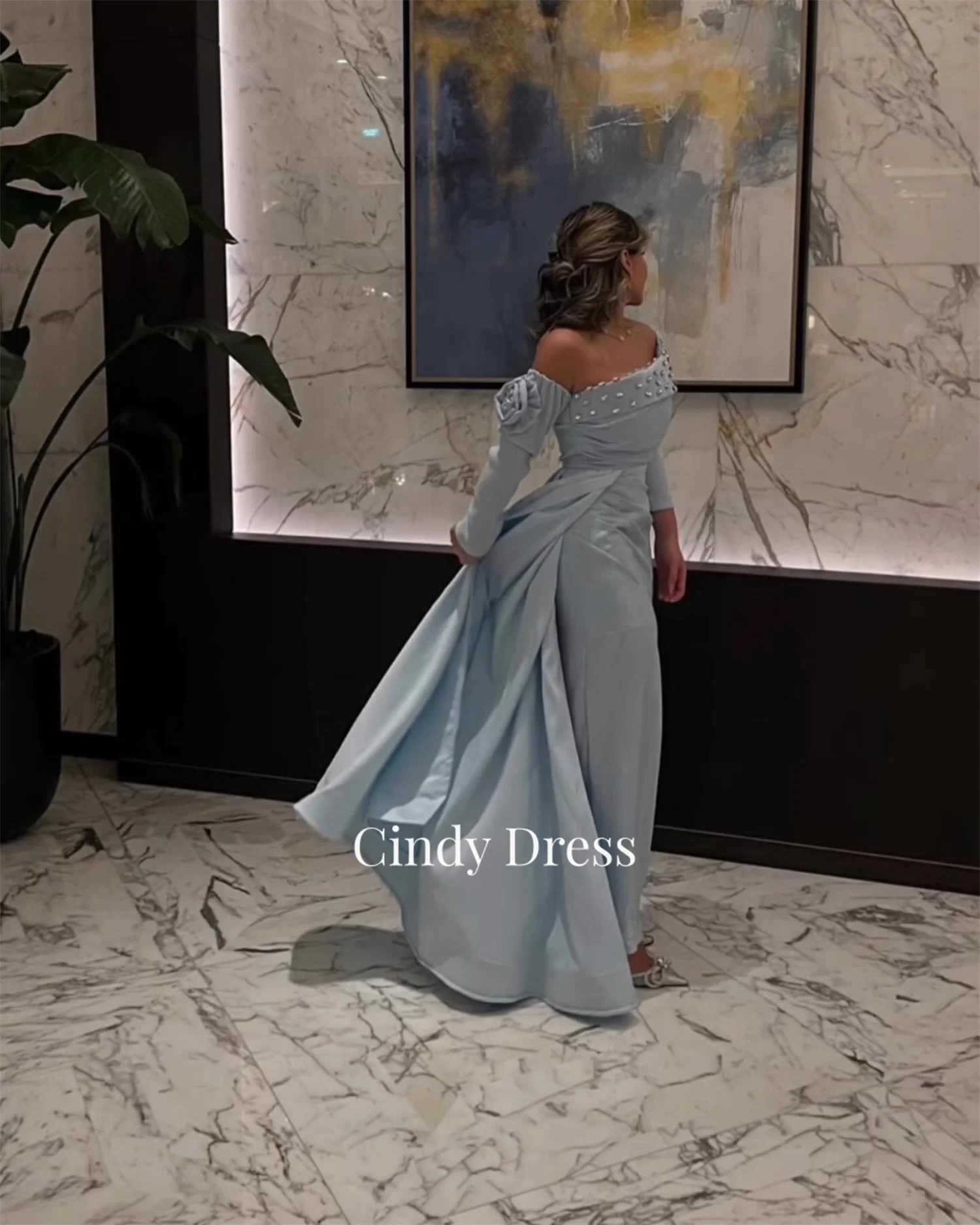 Cindy Saudi Arabian Off-shoulder Mermaid Long Sleeves Long Tail Diamonds 2025 Dress Customized Formal Occasion Dresses Party