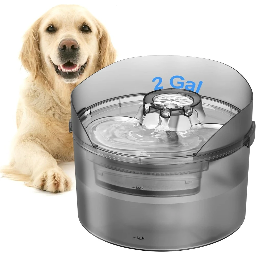 Dog Water Fountain, 2 Gallon Automatic Dog Water Bowl Dispenser with Splatter Guard, Cleaning Kit for Large Dogs & Multiple Pets