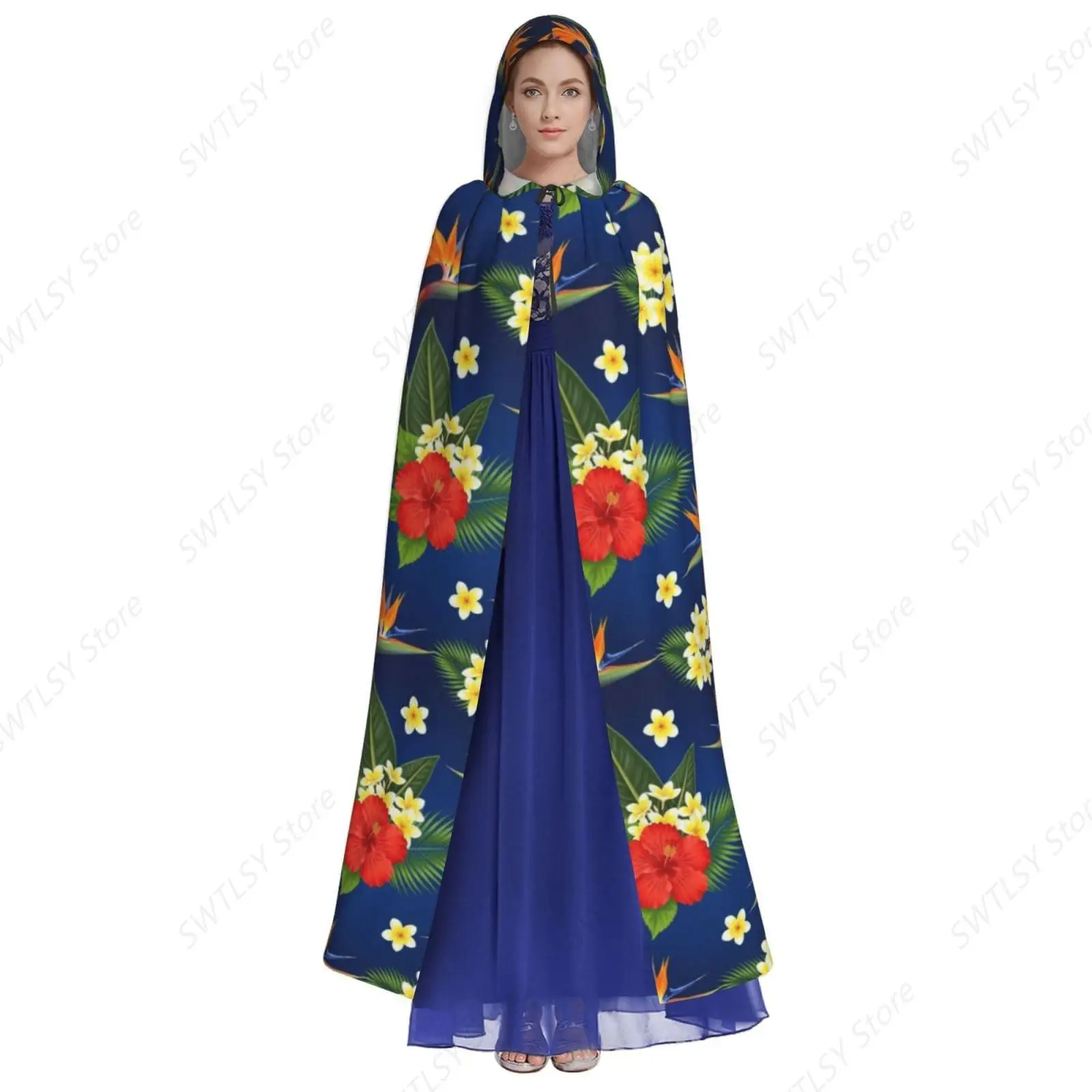 Floral Bird Tropical Paradise Hawaii Flowers Hooded Witch Costume Cloak Witches Cape Outfits Dress Up Compatible
