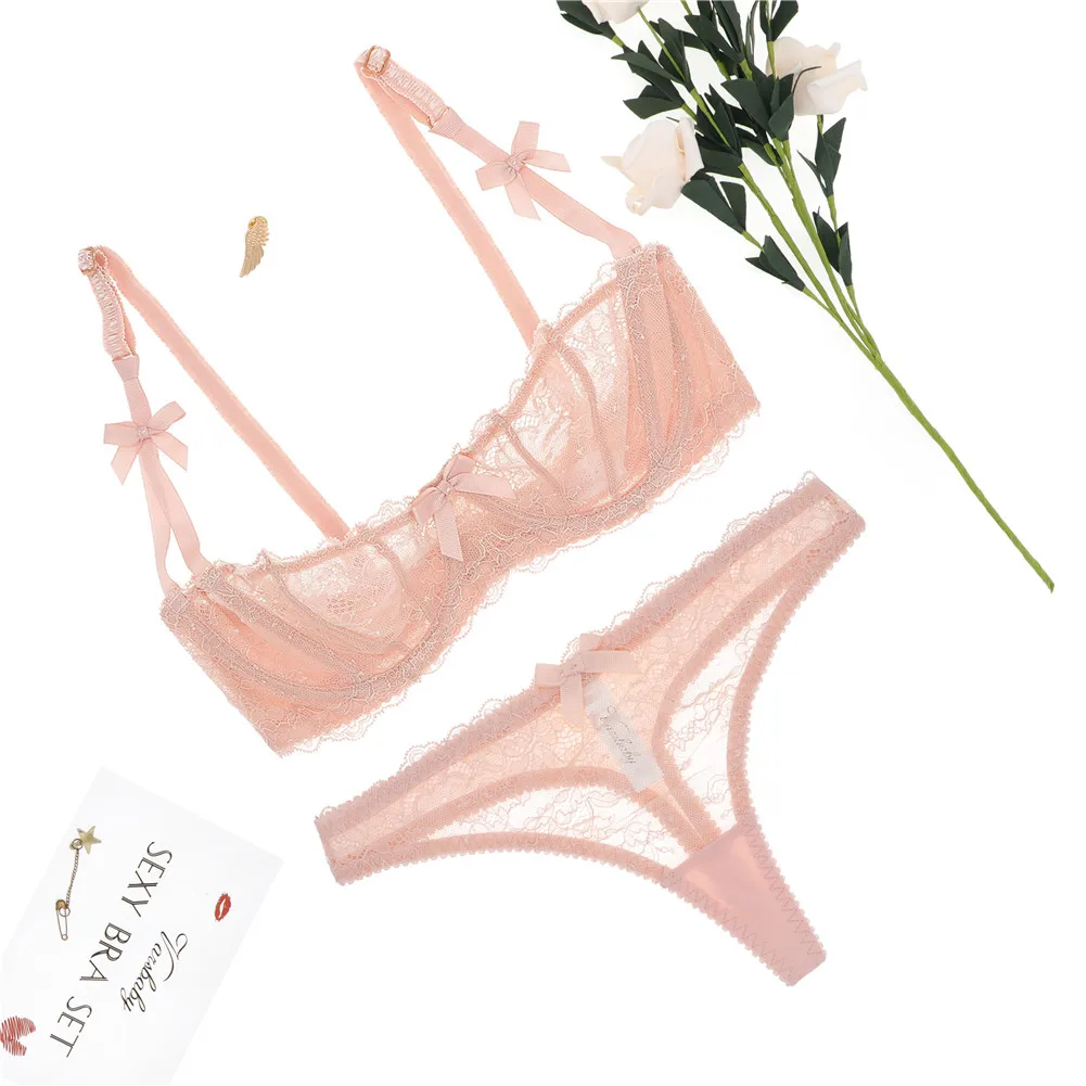 Women sexy lingerie transparent underwire Women lace ultra-thin big cup size comfortable underwear bra set 3PCS