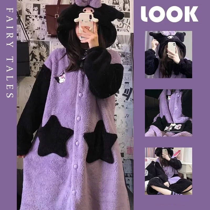 سانريو الكرتون كورومي بيجامة مجموعة فتاة جديدة الشتاء الكرتون المرجان الصوف رداء اصطف سميكة منتصف طول بيجامة مجموعة هدية الكريسماس #2