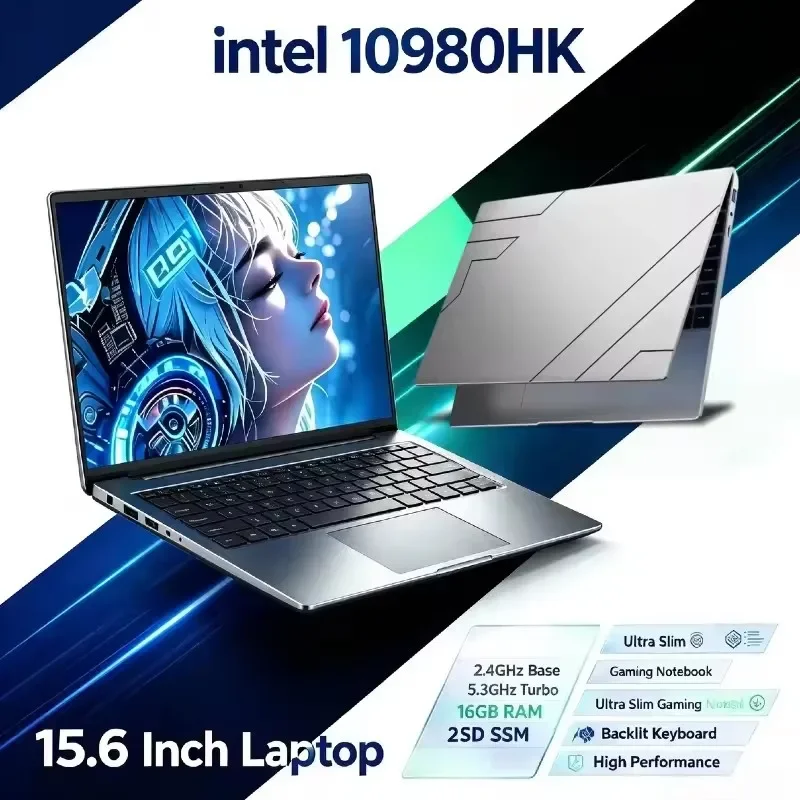 Large-Screen 15.6 Inch Laptop 32GB RAM 2TB SSD Intel i9-10980HK Office Notebook 5000mAh Gamer PC with Backlit Fingerprint