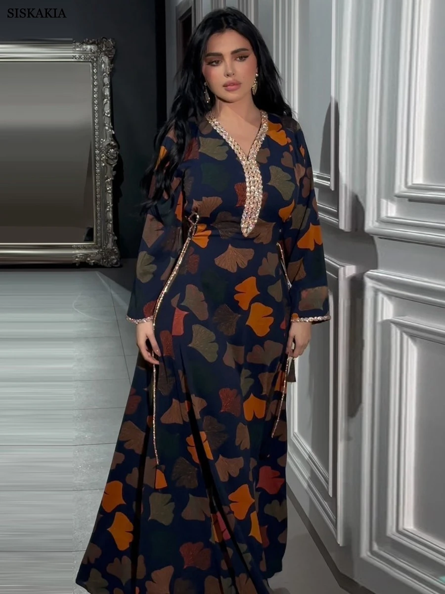 Siskakia Muslim Fashion Printing Diamonds Elegant Party Belted Long Dresses Jalabiya Moroccan Turkish African Abaya Saudi Kaftan