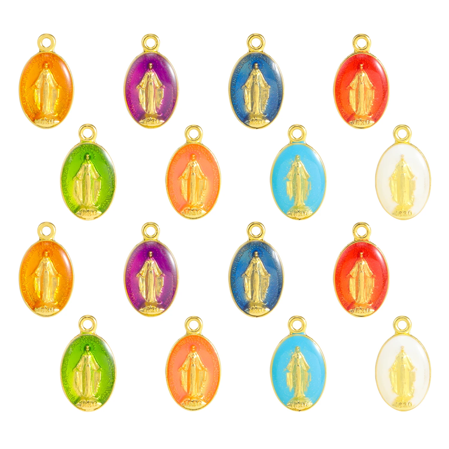16pcs Gold-Plated Oval Pendant Connector Catholic Virgin Mary Medal Three Hole Charm For Handmade Rosary DIY Medal Pendant