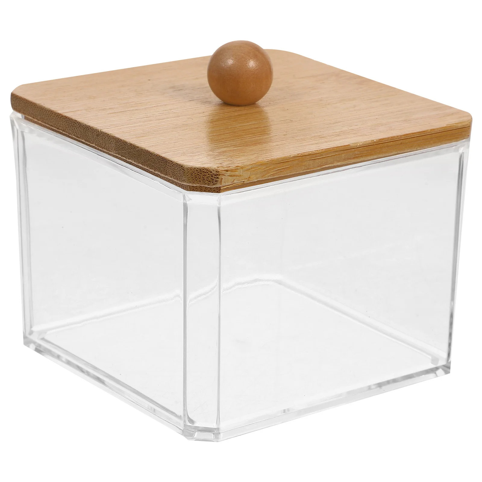 منظم المكياج، حاوية بلاستيكية شفافة، غطاء خشبي، صندوق تخزين مكتبي لمسحات القطن، كرات دائرية، صندوق وسادة قطن بغطاء #2
