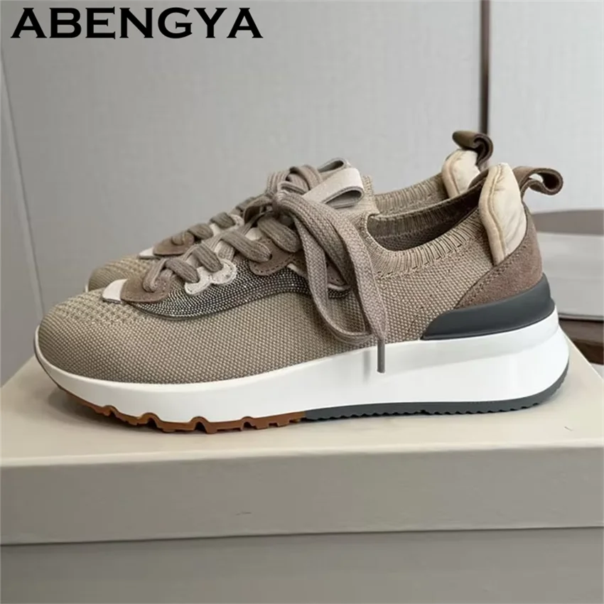 Knitted Lace Up Road Running Shoes for Women Cushion Outdoor Flat Shoes Trainers Sport Shoes Autumn Jogging Shoes Women Footwear