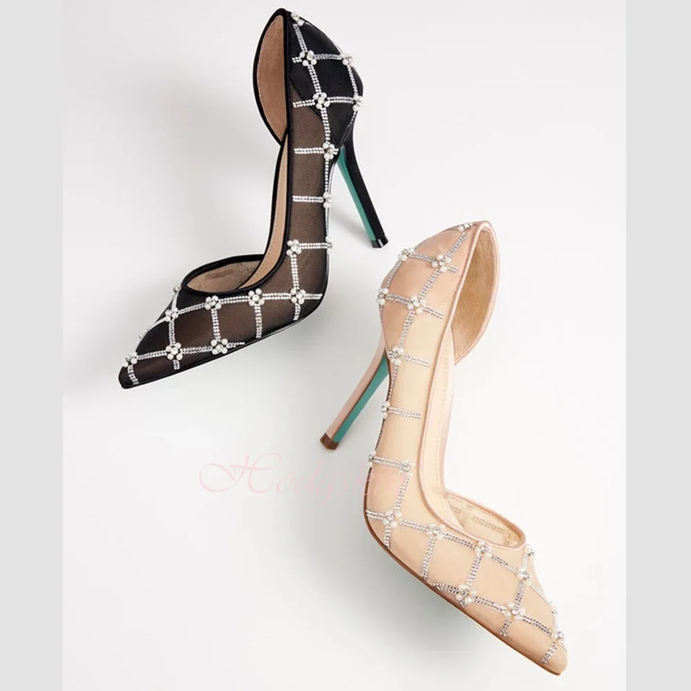 

Pearl Shallow Pumps Pointy Toe Mesh Solid Slip On Women Dress Shoes Stiletto Heels Summer Party Designer Pumps Casual Fashion