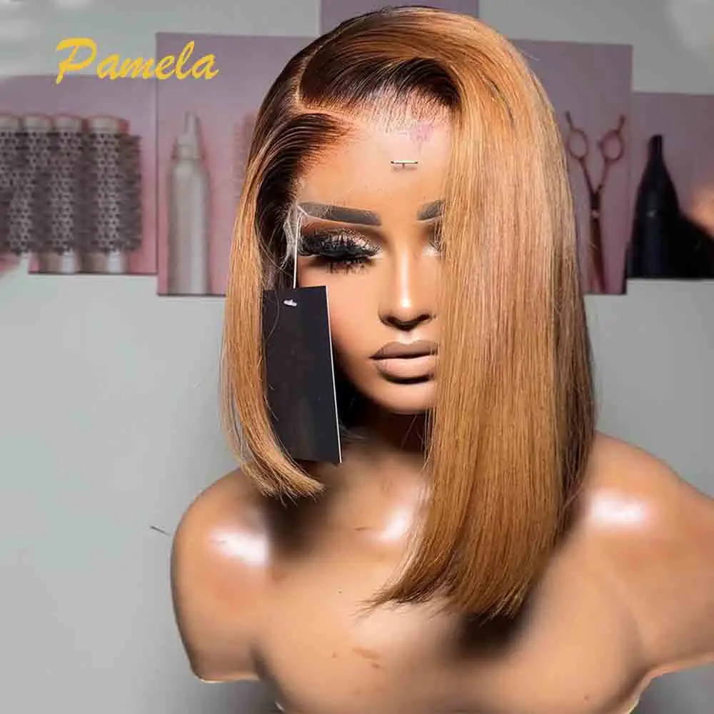 250% Density Highlight Bone Straight Short Bob Wig Ombre 1b/30 Colored 13x6 HD Transparent Lace Front Human Hair Wigs For Women