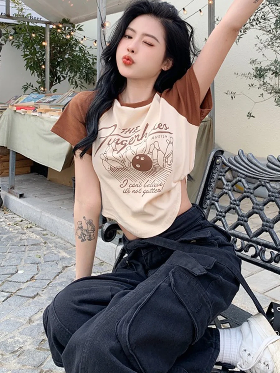 Retro American Print ort Sve T-Shirt Damen Sommer Neue Farbe Blo Reine Baumwolle rund Ne Slim Fit Sexy ort Top Trendy