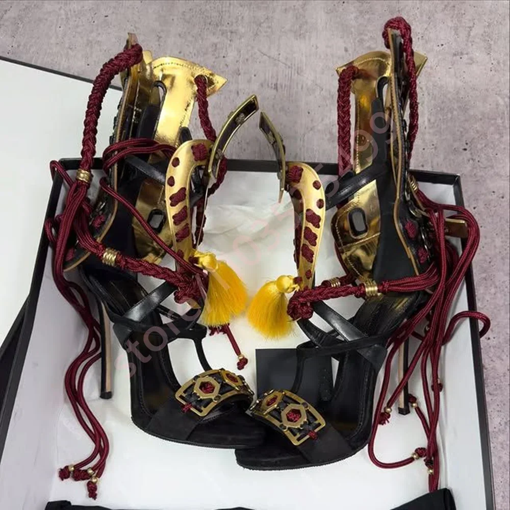 

Лето 2021, женские подиумные туфли на шпильке с кисточками в стиле ретро, роскошные вечерние повседневные сандалии с открытым носком, модные плетеные сандалии с красной веревкой