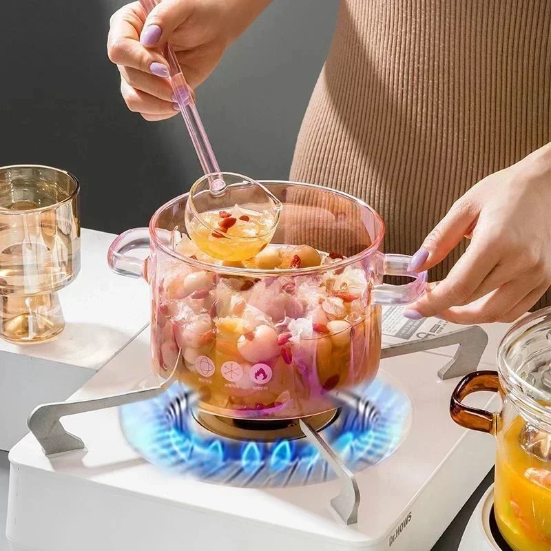 Ollas transparentes rosas, olla de vidrio para cocinar, ollas de sopa de vidrio resistentes al calor, mango Binaural, tazón de sopa de fideos, olla de cocina