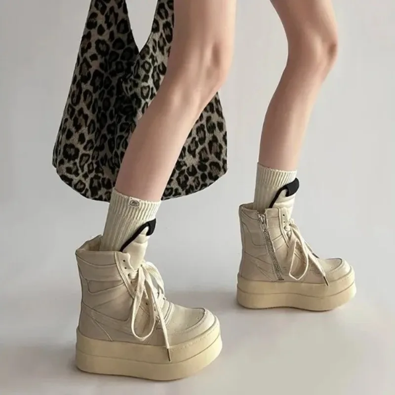 여성용 플랫폼 앵클 부츠 디자이너 두꺼운 밑창 가죽 하이탑 부츠 여성용 캐주얼 신발 높이 증가 Botas Mujer