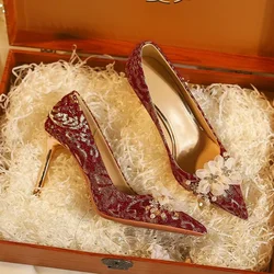 Scarpe da sposa scarpe da donna in cristallo con tacco alto e tacco alto rosso cinese da donna