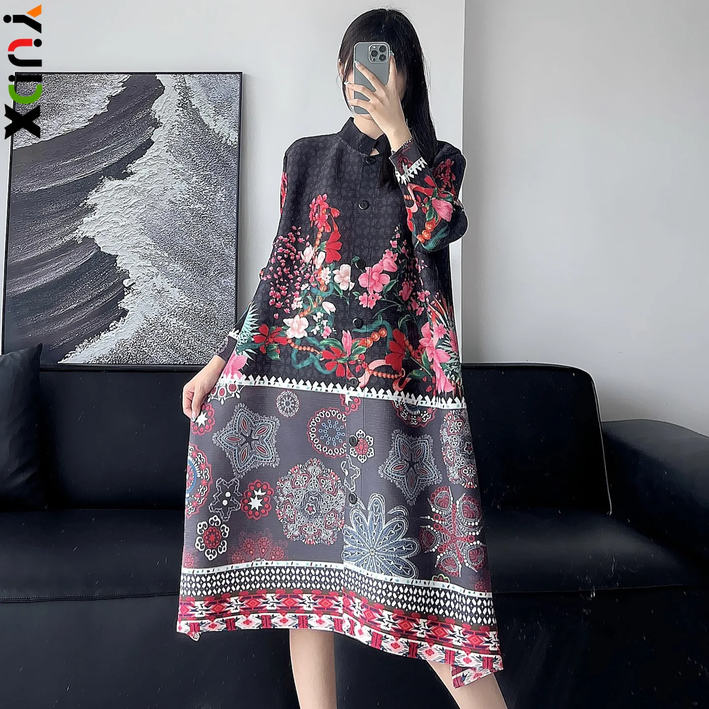 

Vintage Classic Floral Print Pleated Long Sleeve Dress Fashion Women's Dress Temperament Single Breasted Skirt 2024 Summer New