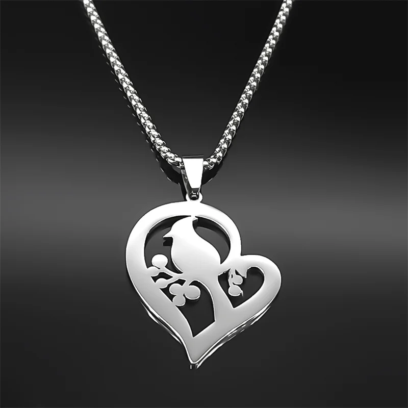 Creative Heart Shaped Cardinal Pendant Necklace for Women Men Stainless Steel Silver Color Commemorative Jewelry Party Gifts