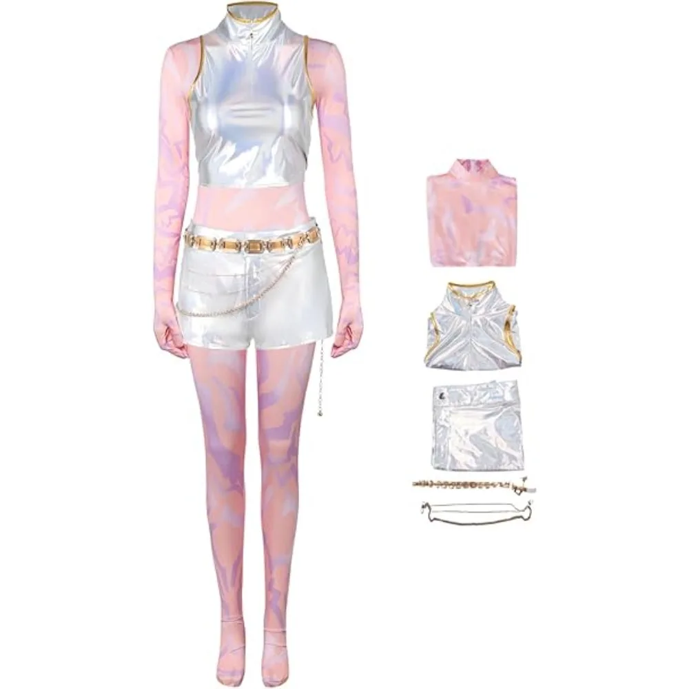 

Kpop Охотники на демонов Руми Косплей Фэнтезийный костюм Шоу Одежда Комплект серег Мира Ролевая игра Комбинезон Топ Шорты Наряды Карнавал