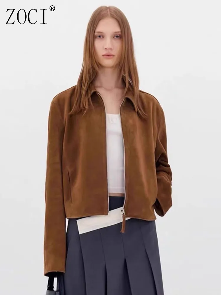 

ZOCI однотонная женская кожаная куртка с лацканами, уличная верхняя одежда на молнии, женские потертые повседневные топы, новинка 2024, зима