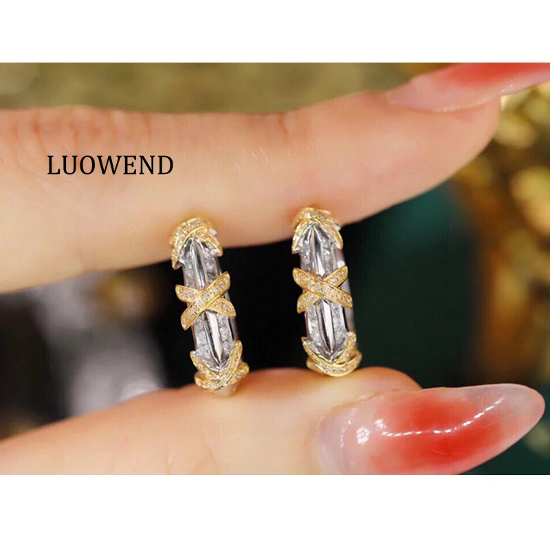 LUOWEND 18K White&Yellow Gold Earrings Fashion Cross Design Roman Style 0.60carat Real Natural Diamond Hoop Earrings for Women