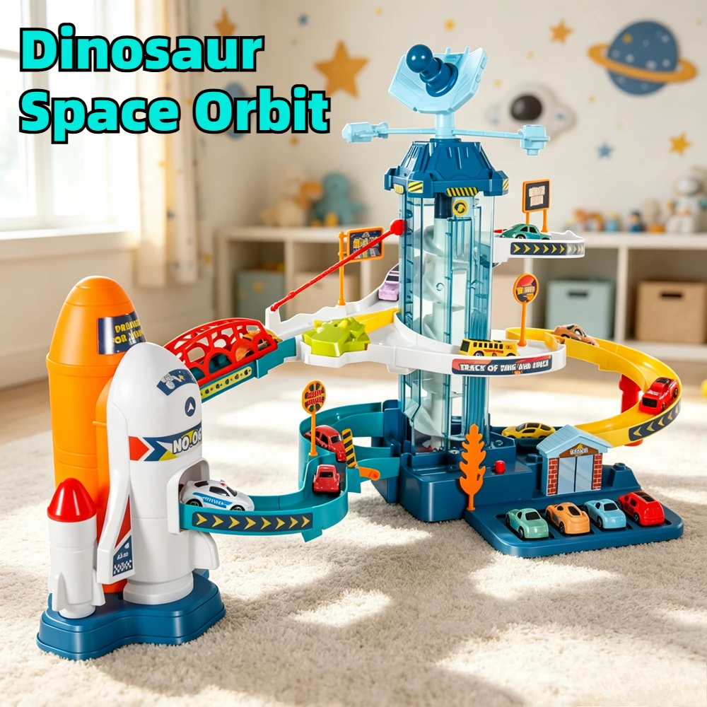 Spaceship Rocket Themed Track Parking Lot Toy Space Shuttle Orbital Adventure Race Car Obstacle Course Birthday Holiday Gift