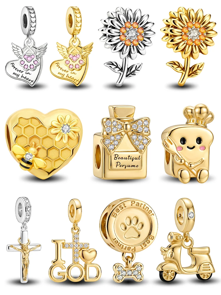 925 Silber Plattierter Sonnenblumen-Motorrad-Hundeschüssel Gold-Serie Charm-Anhänger für Armbänder DIY Hochwertiger Damenschmuck